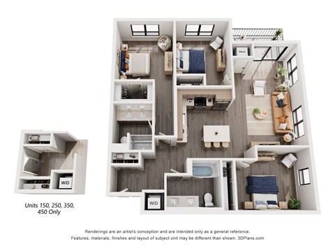 Floor plan for 3 beds, 2 baths, 1305 sqft